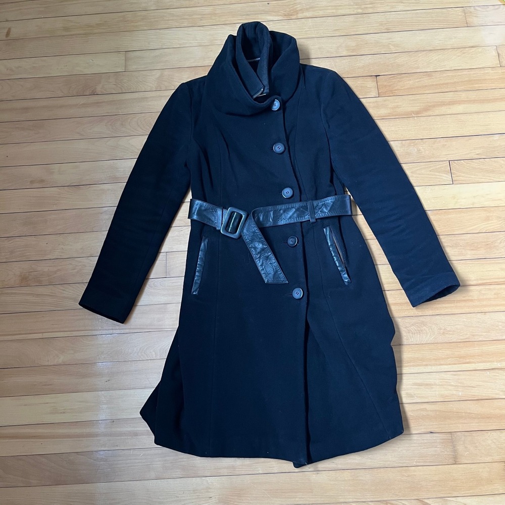 Mackage Black Wool Funnel Neck Belted Coat with Leather Trim Size SP Long Sleeve
